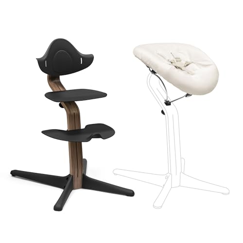 Stokke Nomi Silla (Walnut/Black) + Newborn Set (Black Grey Sand) - Incluye un Arnés de Seguridad de Cinco Puntos y Un Set de Tela Reversible y Lavable - Soporta hasta 150 kg