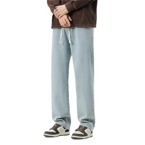 Men Drawstring Elastic Waist Cargo Denim Pants Work Wide Leg Baggy Jeans Light Blue L