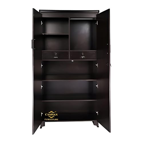 Image of CASPIAN 2-Door Wardrobe (17mm Thick Shelf's) Coffee Black | Pre-Assembled Almirah with Mirror, Hanging Space, 4 Shelves, 2 Drawers & Secure Locker | Durable Engineered Wood Clothes Storage Cupboard.