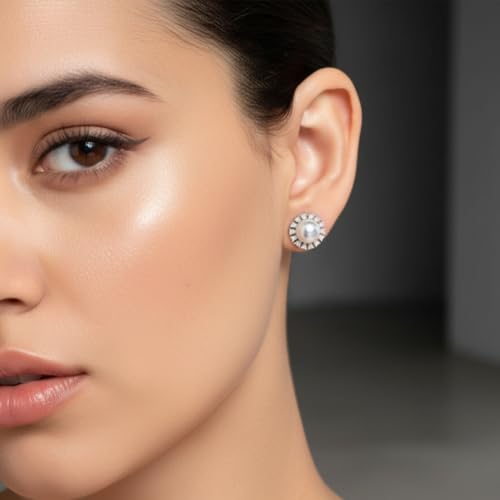 Image of Nilu's Collection Rose Gold Plated Triangular Design Pearl Stud Earrings With American Diamond for Women And Girls | Gift For Her | Anti- Allergy |Anti-Tarnish | Office Wear