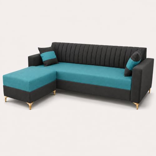 Image of FURNY Signature Regalia 4-Seater L-Shape Sofa Set with Movable Ottoman | Flexible LHS /RHS Layout | Boston Fabric | 40D Foam + Zigzag Spring | 3-Yr Warranty (Ash Grey, Ocean Blue)
