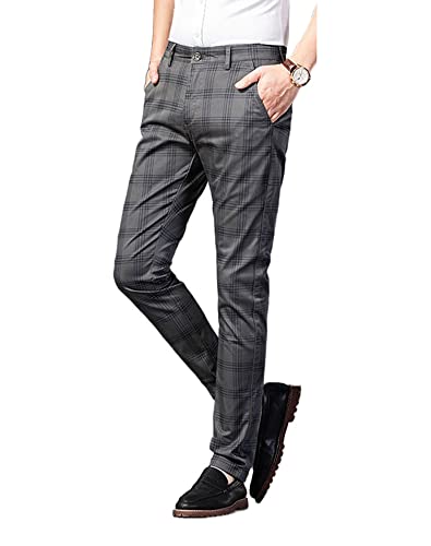 Mens Casual Plaid Pants Fashion Retro Tapered Stretch Slim Fit Business Dress Chino Pants