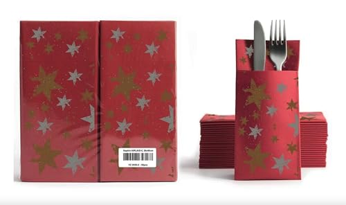 AROBA 50 x Airlaid Cutlery Napkins (Champagne with Stars, 39 x 40 cm) - Napkin Pockets - Ready-Folded Cutlery Pockets - Winter Motif - Advent - New Year's Eve - Christmas