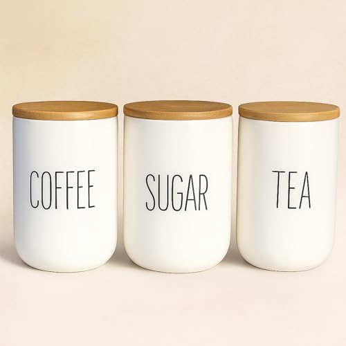 3’lü Seramik Bambu Kapaklı Beyaz Kavanoz Seti 1000 ML – Coffee/Sugar/Tea – Bambu Kapaklı