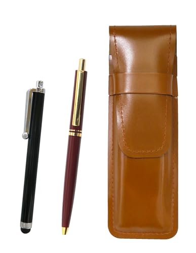 スリム牛革ペンケース茶 タッチペンとAP300昭和40年代復刻ノック式金属クリップボールペンセット 赤 T23-ASC708-AP300B-R