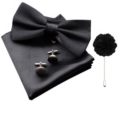 Black Bow Ties for Men, Adjustable Pre-Tied Bowties Pocket Square Cufflinks Set, Soft and Comfortable, Fashionable and Versatile, for Weddings, Parties, Dances, Graduation Ceremonies, Etc.