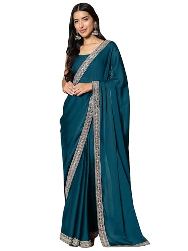 Image of AKHILAM Women's Satin Solid Ready To Wear one Minute Saree with Unstitched Blouse Piece