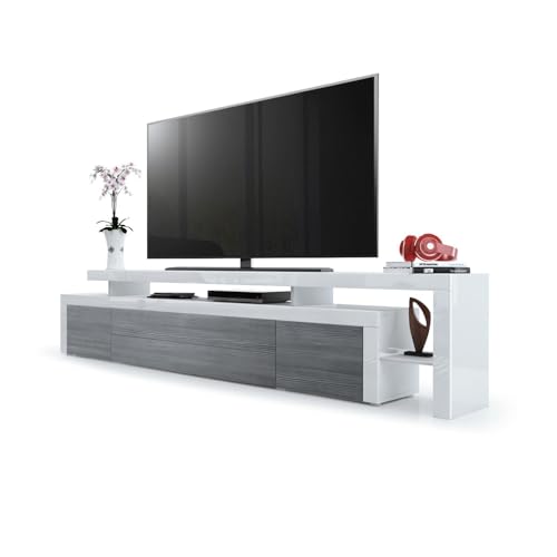 Vladon Mueble de TV Leon V3, Carcasa y Soporte Elevado en Blanco Alto Brillo/Frente en avola Antracita con Marco en Blanco de Alto Brillo (227 x 52 x 35 cm)