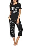 Balancora Pyjama Damen 3/4 Hose Lang Sommer Capri Schlafanzug Sets Kurzes Sleepshirt L Schwarz