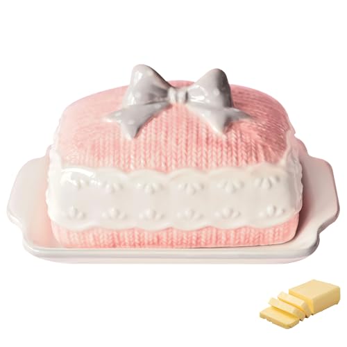 Mantequera de cerámica, mantequera de porcelana, 19 cm, gran mantequera con tapa, lazo rosa, caja de mantequilla, apto para lavavajillas, caja de mantequilla, bandeja para el hogar, cocina, encimera