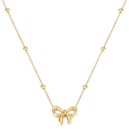 Bow Necklace Gold Necklace for Women 18K Dainty Gold Necklace Cute Small Tiny Bow Pendant Choker Chain Necklace Trendy Necklaces for Women Teen Gold Jewelry Gift