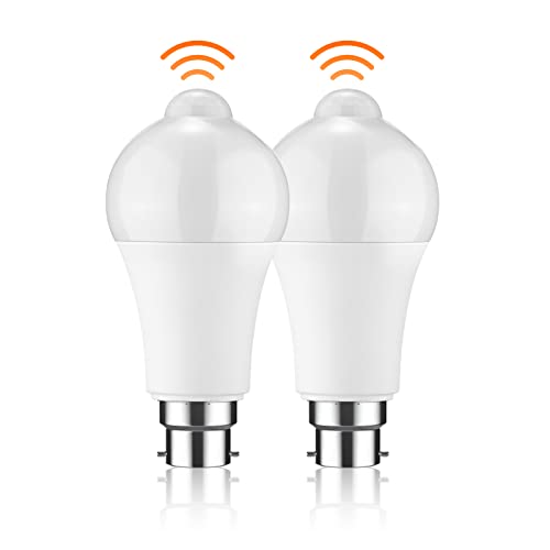 ZONJIE 2 Pack Motion Sensor Light Bulb 12W B22 Smart Light Bulbs PIR Motion LED Bulb 6000K Cool White Auto On/Off Bayonet Smart Life Bulb for Stairs Garage Basement Corridor