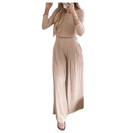 BTFBM Women's Two Piece Lounge Set Long Sleeve Bodycon Ribbed Knit Crop Top Loose Wide Leg Pant Casual Outfits Sweatsuit(Solid Apricot, Small)
