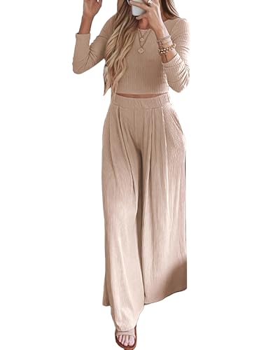 Image of BTFBM Women's Two Piece Lounge Set Long Sleeve Bodycon Ribbed Knit Crop Top Loose Wide Leg Pant Casual Outfits Sweatsuit
