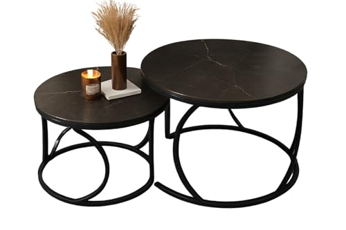 Image of Round End Table Set of Two Coffee Tables with Engineered Wood Top and Metal Frame, Contemporary Accent Side Table for Office, Bedroom, or Living Room Full Black