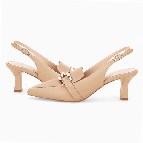 Image of Fashare Womens Slingback Heels Kitten Low Dress Shoes Closed Toe Metal Chain Elegant Work Pumps