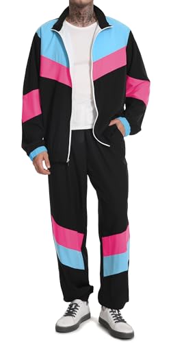 UOUA 80er Outfit für Männer 90er Tracksuit Kostüm für Halloween 70er Windbreaker Jacke Track Anzug 2 Stück Hip Hop Set Schwarz 2XL