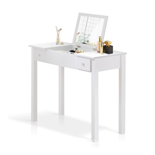 CALEBY Tocador, Juego de tocador Acolchado, tocador, tocador pequeño con Espejo Plegable y Taburete, Estilo Moderno (Color: Blanco a)