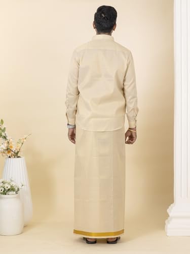 Image of RAMRAJ COTTON Men Gold Tissue Jacquard Full Sleeves Shirt with Matching Dhoti Set