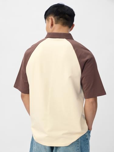 Image of The Souled Store Colourblock Polo: Garfield Men and Boys Short Sleeves Collared Neck Beige and Brown Embroidered Cotton Oversized Polos