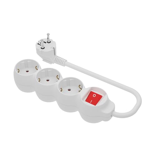 SIMON   Base Múltiple, Regleta de Enchufe Plano, 3 Tomas de 16A, Ladrón de Enchufes con Toma de Tierra e Interruptor ON/OFF, Cable de 1,5 Metros, Color Blanco