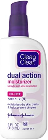 Clean & Clear Essentials Dual Action Facial Moisturizer, 0.5% Salicylic Acid Acne Medication to Moisturize Dry Skin, Treat Acne & Help Prevent Pimples, Oil Free for Acne-Prone Skin, 4 oz (Pack of 3)