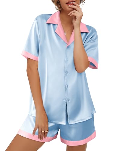Image of Ekouaer Womens Silk Satin Pajama Set Short Sleeve PJs 2 Piece Button Down Top and Shorts Notch Collar Sleepwear Sets Soft Pjs