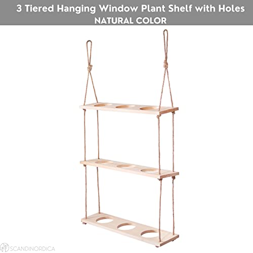 Scandinordica Hanging Window Planter – 3 Tiered Wood Floating Window Herb Garden Shelf With Holes And Rope, Vertical Wall Indoor Herb Planter For Kitchen | Natural #TOP1