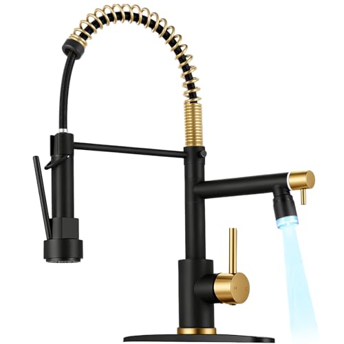 RNDIOZD LED Kitchen Faucet with Pull Down Sprayer - Black & Brushed Gold Single Handle Commercial Kitchen Faucets 2-Spout Kitchen Sink Faucet Stainless Steel Spring Pull Out Sink Faucet 1/3 Hole