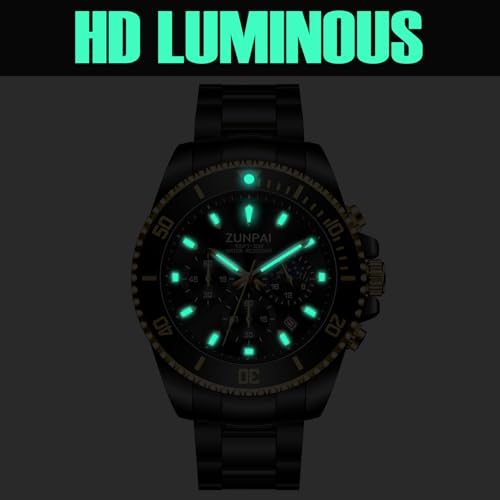 Image of ZUIPAI Moon Phase Watch for Men Chronograph Dial Analog Quartz Wristwatch Luxury Diamond Business Dress Watch with Luminous Waterproof Calendar Stainless Steel Strap