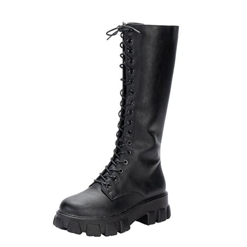 Women's Gothic Chunky Lug Sole Combat Boots Knee High Platform Motorcycle Boots Y2K Girls Long Boot with Zipper Black