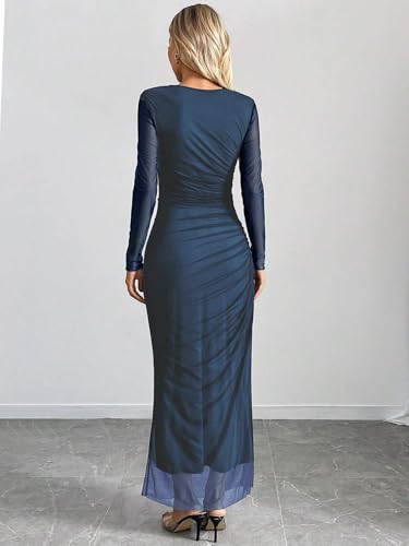 Image of Women's Tie Dye Long Sleeve Maxi Dress Mesh Bodycon Ruched Night Out Formal Cocktail Long Dress for Wedding Guest Party