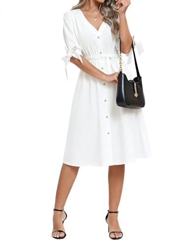 Image of Women Linen Rayon Blend Midi V Neck Button Front Elastic Waist Puff Sleeve Tie Casual Summer Dress