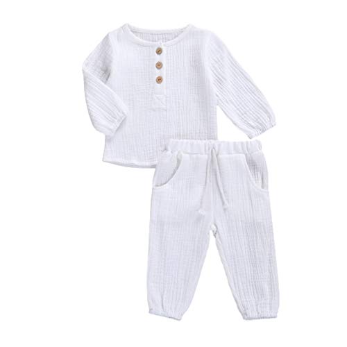 Karuedoo Toddler Baby Boy Girl Cotton Linen Pants Set Solid Long Sleeve T Shirt Top Drawstring Elastic Waist Pants Outfit
