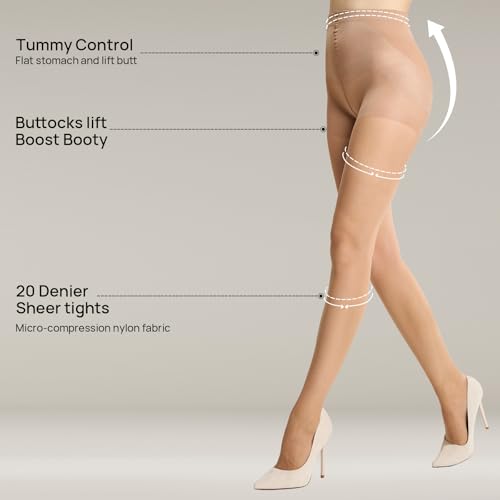 Image of MANZI Control Top Pantyhose for Women 2 Pairs 20D Sheer Soft High Waist Tights Tummy Control Support Stockings
