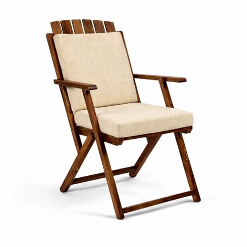 Image of WELL KNOWN Foldable Wooden Outdoor Chair with Cushioned Seat & Backrest - Patio Garden Armchair with Cream Paisley Fabric, Space-Saving Design, 34 Inch Height, Natural Finish