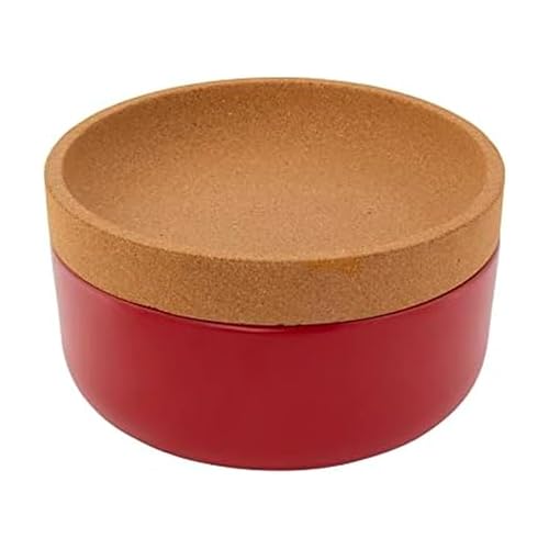 Image of Ceramic and Cork Large Breathable Produce Bowl with Lid to Naturally Extends Produce Freshness, Natural Cork and Red Ceramic