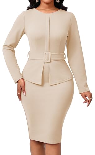 Image of CuteCherry Women's Church Dress Long Sleeve Bow Tie Neck Bodycon Work | High Waist Bodycon Knee Length Business Pencil Bow Tie Neck Long Sleeve Slim Fit Work