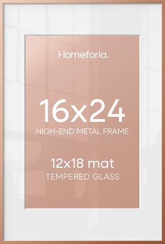 Image of Homeforia 16x24 Picture Frame Rose Gold, High End Metal 16x24 Poster Frames with Mat 12x18 inch Photo, 16 x 24 Rose Gold Frame Matted to 12 by 18 Print, 24x16 Frame, Tempered Glass, Wall Kit, Set of 1