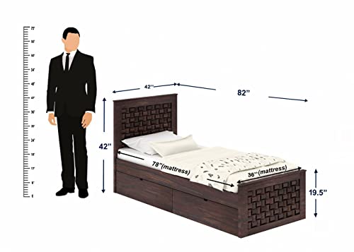 Image of WOODLAB Furniture Sheesham Wood Single Size Bed with Drawer Storage and Niwar Style Headboard | Wooden Single Cot Bed Palang for Home Living Room Bedroom and Hotel (Walnut Finish)