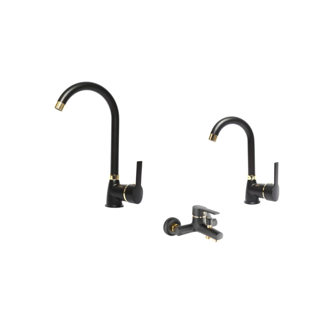 FAUMIX Gold Altın Siyah Banyo Lavabo Mutfak Bataryası Musluğu Çeşmesi 3'lü Set