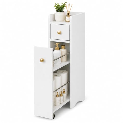VINGLI Slim Bathroom Storage Cabinet Narrow Storage Organizer with Slide Out Drawers Freestanding Toilet Paper Holder Small Space Skinny Cabinet for Bathroom Kitchen Corner White