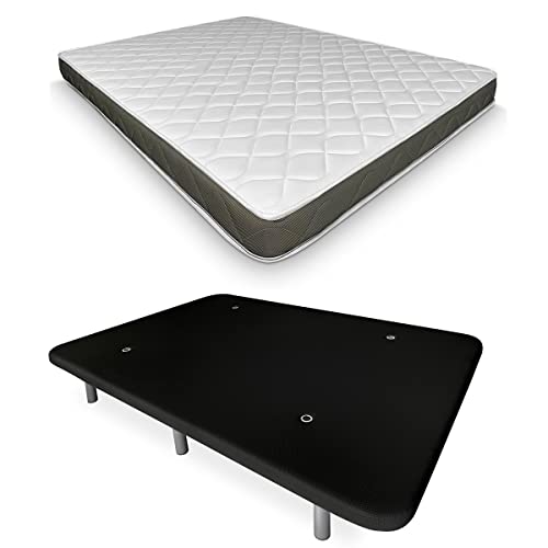 DUÉRMETE ONLINE - Cama Completa con Colchón Fresh Reversible + Base Tapizada Reforzada Color Negro con 6 Patas Metálicas Roscadas, 135 x 190