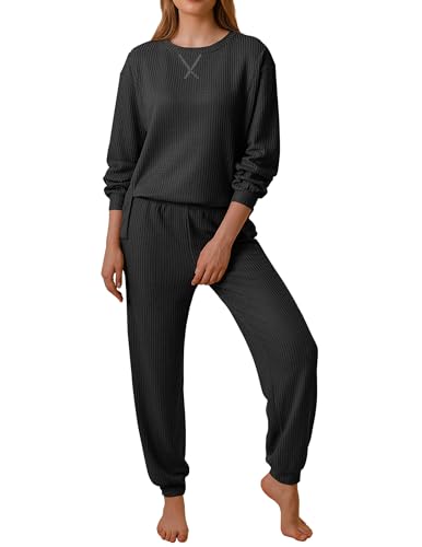 Ekouaer Waffle Knit Lounge Sets for Women Long Sleeve Pajamas Set with Pockets 2 Pieces Outfits Top and Pants