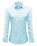 siliteelon Dress Shirts for Women Long Sleeve Button Down Shirts for Women Work Shirts Office Blouse Top Lake Blue Pinstripe Large