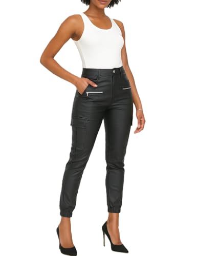 Crazy Lover Femme Pantalon Simili Cuir Taille Haute – Pantalon Cargo PU Stretch avec Poches Latérales (M, Noir)