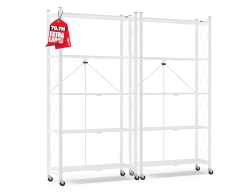 Image of ALANNG 70.7 inch H Metal Storage Shelves, 5 Tier Folding Shelf on Wheels | Heavy Duty, No Assembly, Rolling, Collapsible Rack Unit for Kitchen, Basement, Pantry (White,2 Pack)