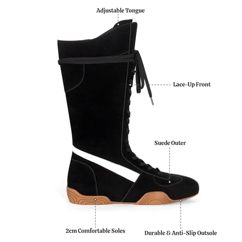 Womens Suede Lace Up Tall Boxing Boots - Retro Style Knee-High Streetwear Fashion Sneakers with Zipper, Non-Slip Sole2