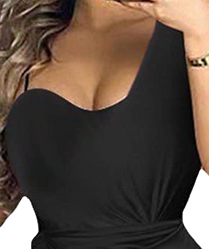 Image of xxxiticat Women's Ruched Midi Dress Sleeveless Spaghetti Straps One Shoulder Asymmetric High Split Slip Party Dress