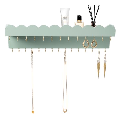 Lampaggio Schmuck-Organizer zur Wandmontage mit 28 Haken und Kosmetikablage, moderner Schmuckhalter aus Holz zum Aufhängen für Halsketten, Armbänder, Ohrringe und Ringe, Grün